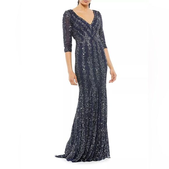 Mac Duggal Bead-Embellished Body-Con Gown in midnight navy sequin dress size 10 - Picture 1 of 16